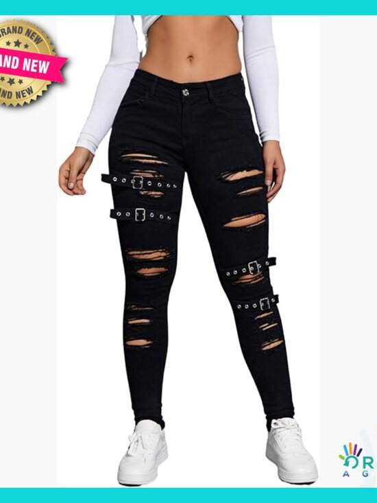 Denim - Ripped Distressed High Waist Skinny Jeans Stretch Denim Y2K Chic